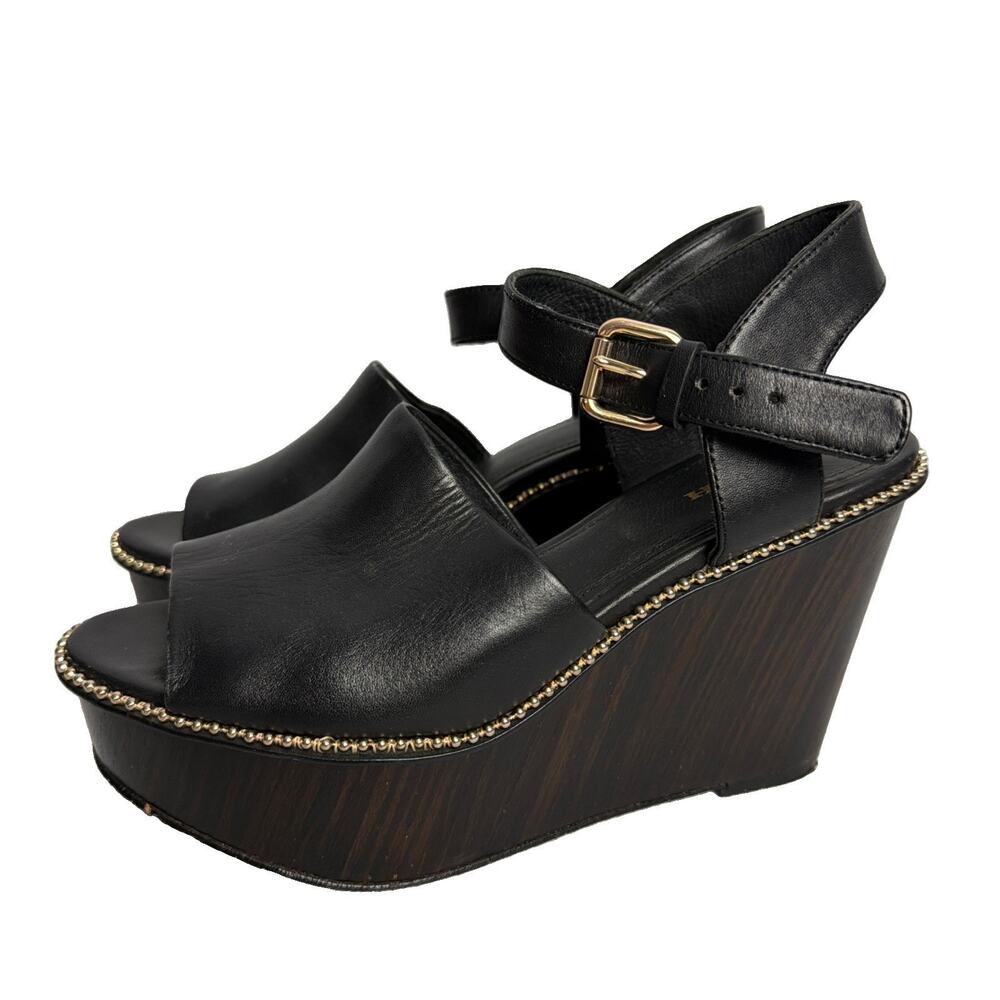 Coach Harla Black Leather Wood Wedge Platform Sandals